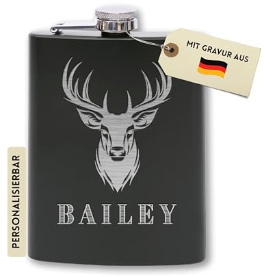 Flanacom Flachmann mit Gravur aus Edelstahl inkl. Trichter 227ml / 8oz Outdoor Travel Alkohol Geschenke für Männer Flachmann Personalisiert mit Wunschgravur (Design 9, 8 Oz Schwarz)