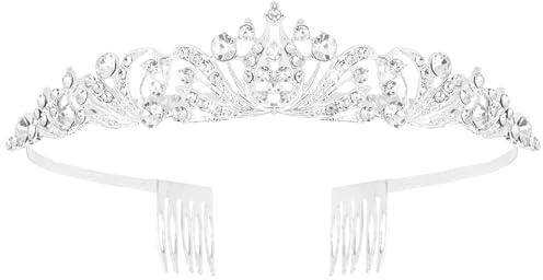 Pruadeor Strass Kristall Tiara Krone für Mädchen (Silber) | Elegantes Diadem Braut Stirnband für Hochzeit, Abschlussball und Geburtstagsfeier
