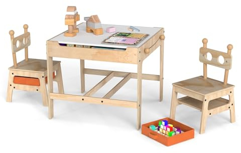 GOPLUS Juego de Mesa y Sillas Infantil, Escritorio de Pintura para Niños con 2 Sillas, Mesa de Pizarra de Doble Cara, Cubos de Tela Plegables, Juego de Actividades Multiusos para Leer Comer (Robot)