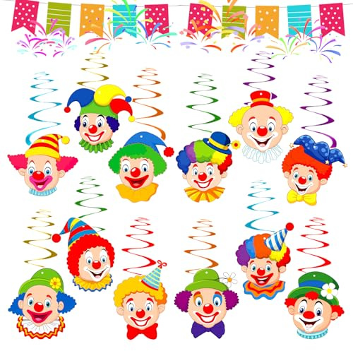 KERYBW Ghirlanda di pagliaccio, 12 ghirlande a spirale con clown, stelle filanti per appendere il soffitto, decorazione da appendere per feste di carnevale, decorazioni da circo
