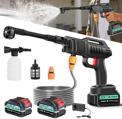 Idropulitrice a Batteria,80 Bar Idropulitrice Portatile con 2 x 3.0Ah Batterie,6 In 1 Rotante Ugello,Tubo da 5M,Lavatrice Senza Fili per Auto, Giardino, Pavimenti e Esterni