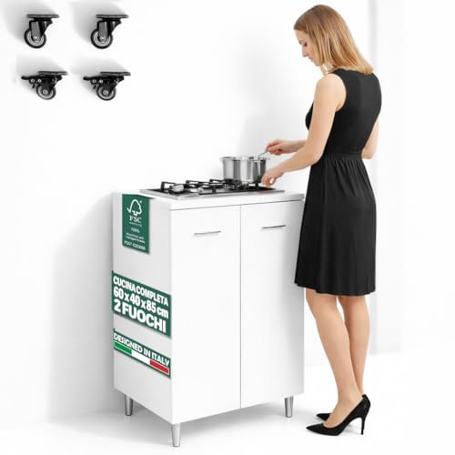 Shally Dogan Mobile Base da cucina a 2 ante 60 x 40 x 85 cm completo di Piano Cottura a 2 Fuochi, Piastre in Ghisa Resistenti, Montaggio con Piedini Fissi o Ruote, Kit completo pronto all'uso (Bianco)