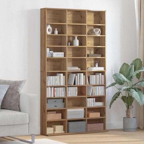 Ordellia CD-hylla Artisan-ek av trämaterial 101 x 23 x 177,5 cm, 30 brädhyllor, mediaförvaring, lagringsutrymme för CD DVD LP-skiva, vardagsrum och hemmabio