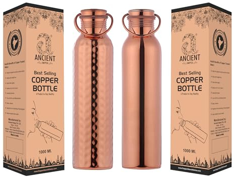 Ancient Impex Ensemble De Bouteilles D'Eau Sans Soudure 1000 Ml - Bouteille D'Eau En Cuivre Martelé Avec Poignée