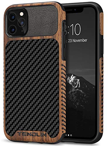 TENDLIN Coque iPhone 11 Pro Max Etui Hybride en Bois et Carbone et Cuir Compatible avec iPhone 11 Pro Max (Noir)