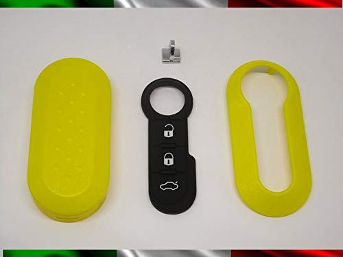 TOPBEST Cover Chiave Guscio + Tasti TASTINI in Gomma + Gancio Portachiavi Compatibile con Fiat 500 Grande Punto Evo Bravo Panda 500L Lancia Y YPSILON MUSA Delta SCOCCA Giallo