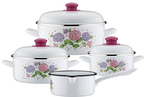 GSW 189989 Kochtopf-Set Hortensie 7-tlg, Stahl-Emaille, Kunststoff, weiß