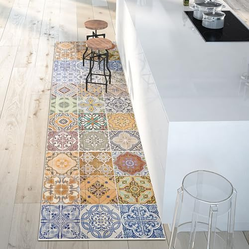 CREARREDA Tapis de Cuisine en Vinyle Antidérapant et Lavable, 100% Fabriqué en Italie, Rectangulaire Printemps Tile Carpet