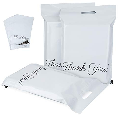 60 postpåsar av plast, 300 x 400 mm, med Thank You-text – ogenomskinliga och slitstarka, bärbara fraktpåsar, kuvert med självhäftande remsor – vita