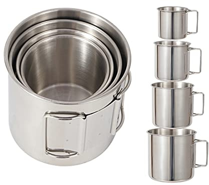 ZUZU Babe Lot de 4 tasses pliantes en acier inoxydable pour feu de camp avec poignée, pour randonnée, chasse, pêche et aventure de survie.