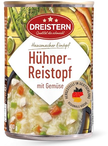 DREISTERN Hühner-Reistopf 400g I Mit Hühnerfleisch & Gemüse I Herzhafter Eintopf in recyclebarer Konservendose I Lange Haltbarkeit dank natürlicher Konservierung I Hausmacher Qualität