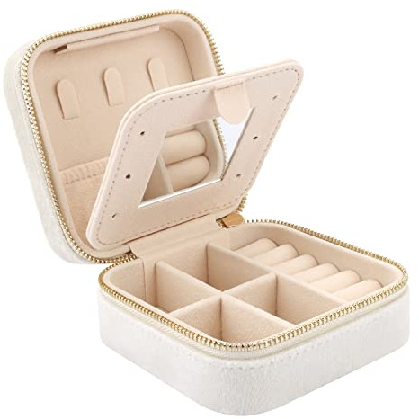 Casiwaft Kleines Reise Schmuckkästchen Samt mit Spiegel, Kleine Schmuckkästchen Organizer für Mädchen Frauen, Mini Schmuck Organizer Aufbewahrung für Ringe Ohrringe Halskette Armbänder, Weiß