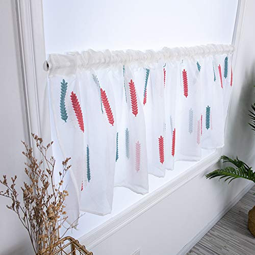 Devola Küche Scheibengardine transparent Leinenoptik Kurzgardine botanisches Muster Stickerei Bistrogardine Fertiggardine Kleines Fenstervorhang Landhaus Kurzstore HxB 45x120cm Blau 1er Pack