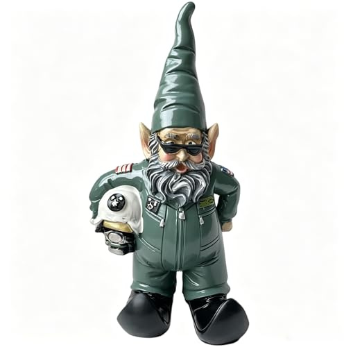 Pilot Gnome Statue with Helmet, Air Force Garden Gnome Figurine for Lawn Ornaments Indoor or Outdoor Decor Christmas Birthday Gift