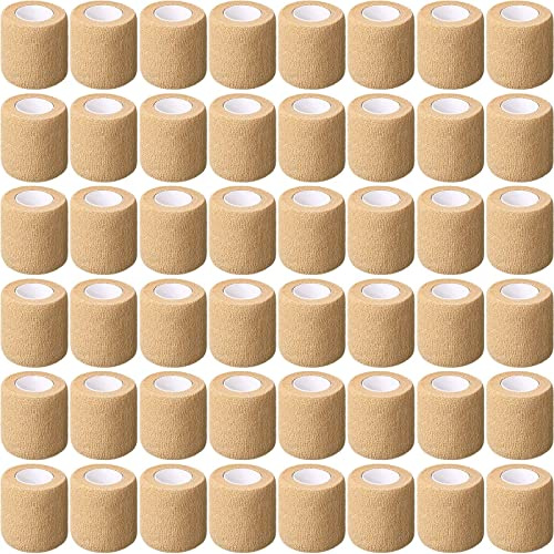 Treela 64 Pack 2 x 5 Yards Self Adhesive Cohesive Bandage Wraps, Elastic Breathable Athletic Tape, Flexible Self Adherent Bandage Rolls for Wrist, Ankle, Fingers, Sports & Pets (Beige)