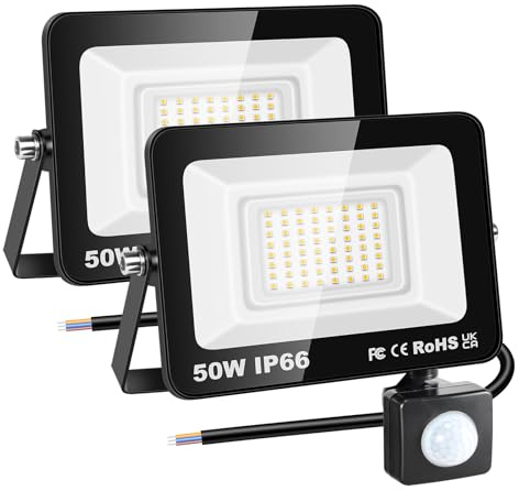 RIGIDON 2 st PIR-rörelsesensor Utomhussäkerhetsljus, 50W 5000 Lumen utanför LED-strålkastare, dagsljus Varmvit vägglampa för trädgårdsgarage Bakgård Uteplatshus Dörröppning, IP66 Vattentät 3000K