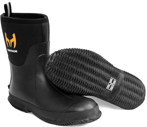 Hunthor Insulated Rubber Boots for Men with Steel Shank, 6mm Neoprene Waterproof Rain Boots, Mid Calf Rubber Work Boots for Hunting, Gardening, Farming, Fishing (Black, 11)