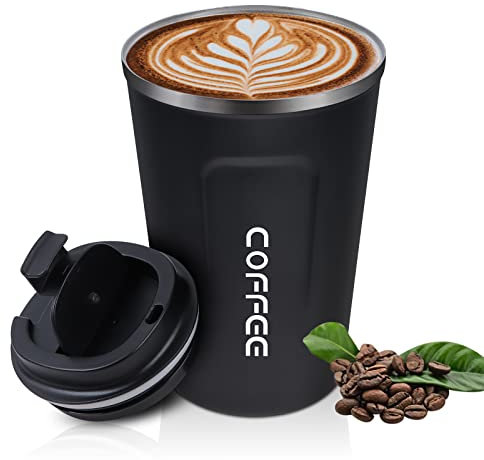QUOTRE Tazza Termica,380 ml Tazza Caffè in Acciaio Inossidabile con Coperchio a Tenuta Stagna,Tazza da caffè da Asporto Tazza da Caffè Riutilizzabile a Tenuta Stagna per Acqua Caffè Tè Bevanda(Nero)