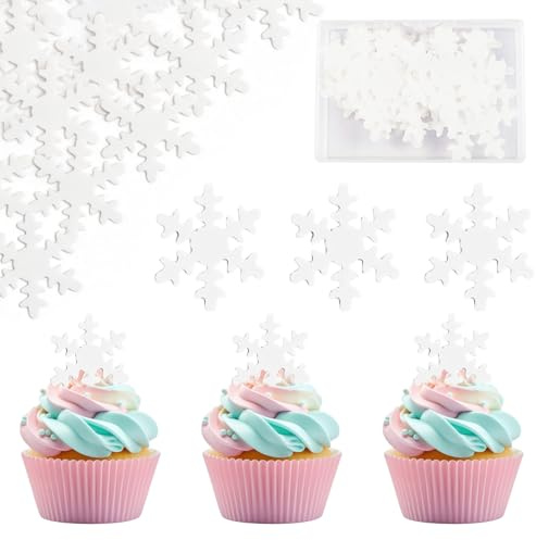 BOZILY 50pcs Weiße Essbare Schneeflocken Tortendeko Schneeflocken Kuchen Dekorationen essbare Kuchen Topper Schneeflocke Cupcake Toppers essbare gefrorene Kuchen Topper für die Winterkuchen Dekoration