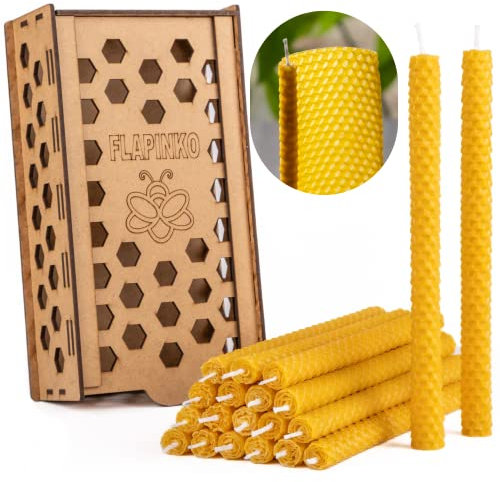 Bienenwachskerzen Set Tafelkerze FLAPINKO Handgefertigt, 20 Stück Schmal | Bio, Natur, Rein, Baumwolldocht | Wabenstruktur | Echtes Bienenwachskerzen Geschenkset mit Holzkiste| Premium,Dinner,Bistro.