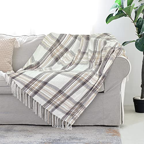Taupe Grey and White Plaid Decor Tartan Blanket, Lightweight Soft Chenille Striped Knitted Rustic Farmhouse Throw with Tassels for Couch Sofa Chair Bed Office Home, 60 x 80