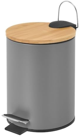 Papelera de baño de Pedal Gris Mate Redonda de 3 litros con Tapa de bambú | Cuerpo de metal antihuellas. Cubo interior extraíble de propileno negro con asa. Ideal para baños y habitaciones pequeñas