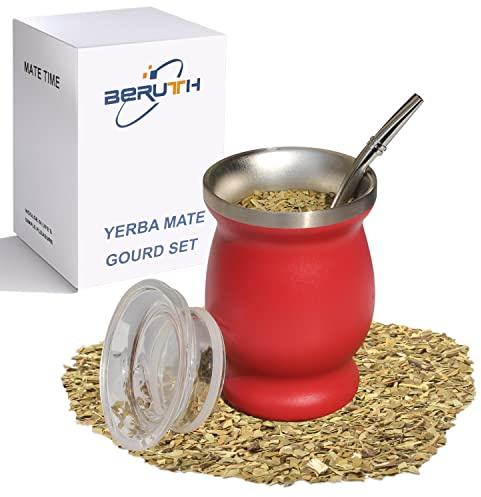 Beruth Bombilla Yerba Mate Gourd, 237 ml Edelstahl-Teetassen-Set mit einem multifunktionalen Deckel, zwei Trinkhalmen und Reinigungsbürsten, Wärmeisolierung, Verbrühungsschutz BR2303 (rot)
