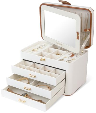 KAMIER 4-Tier Jewelry Box for Women, Large Jewelry Organizer with Lock and Mirror & Necklace Holder, Vintage Storage Case with Earrings Bracelets Rings, White, Gift Ready