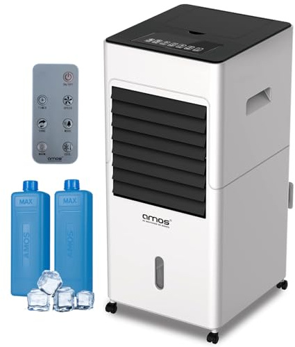 AMOS Portable Air Cooler with 5L Water Tank, Remote Control, 3 Fan Speeds, Digital Display, 12H Timer, Oscillation, Wheels & 2 Ice Packs – Cooling and Humidifying Fan for Home or Office