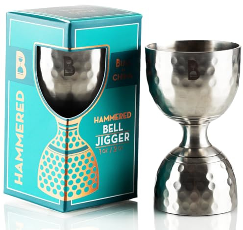 Hammered Bell Jigger by Bull In China - Premium Stainless Steel with 0.25oz to 2oz Measures for Cocktails, Bars & Bartenders