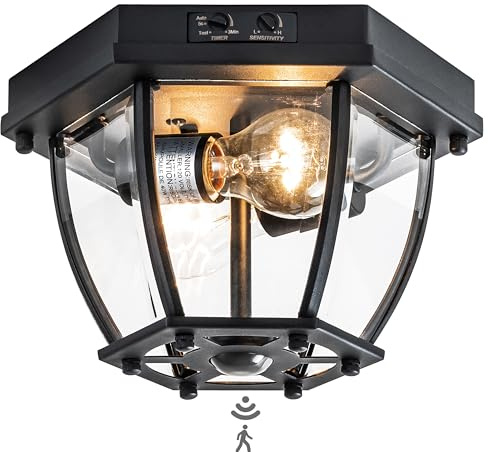 Laplusbelle Motion Sensor Flush Mount Ceiling Light Fixture, 2-Light Outdoor Porch Lights Ceiling Mount, Waterproof Matte Black Manual Dusk to Dawn Flush Mount Light Ceiling Lamp, E26 Socket