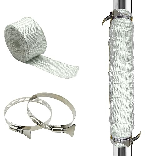 DOBTIM Fireproof Pipe Wrap Insulation 2 Wide X 16' Long, Fiberglass Heat Shield Tape Pipe Webbing for Stove Flue Protector with 2 Clamps, White