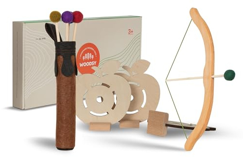 Woodsy Arco e freccia dai 3 anni in su, con 5 frecce e fareta, lunghezza 41 cm, in faggio | Arco e freccia per bambini in legno | tiro con l'arco per bambini