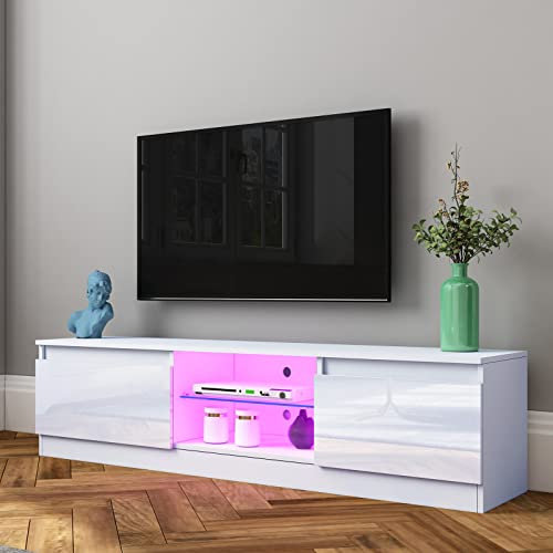 TV Cabinet with LED Light 2 Doors 2 Glass Shelves for Living Room Furniture Sideboard High Gloss Front TV Stand Unit Entertainment Centre TV Console Media Unit White 160 cm