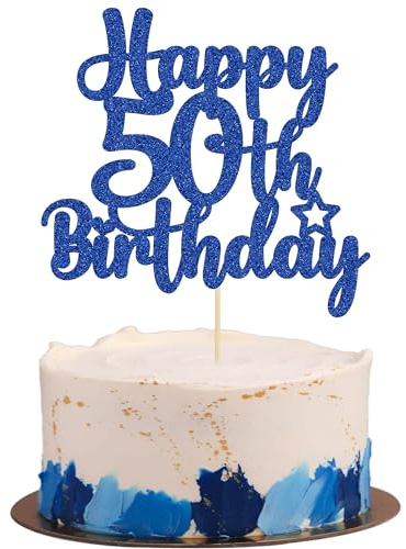 Gyufise Happy 50th Birthday Glitter Cake Topper - Fabulous Cheers to 50 Years Old Party Cake Decorations in Blue