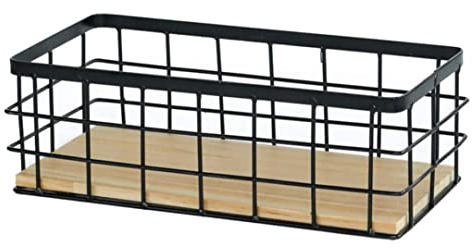 Drahtspeicher Körbe mit Holzbasis rechteckig Desktop Wandhänge Metallkorb Feste Farbe Minimalistische Körbe für Heimküchenbadzubehör