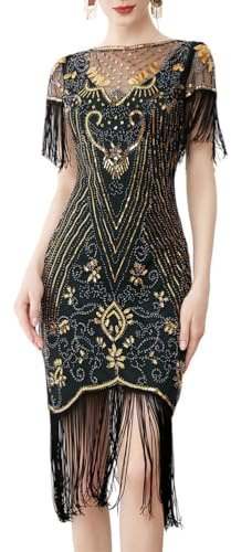 Seiveini Robe de Soirée Chic et Glamour Femme Élégante - Cocktail à Paillettes, Franges Sexy Années 1920, Jazz Charleston Great Gatsby Dress Vintage - Vert Foncé M