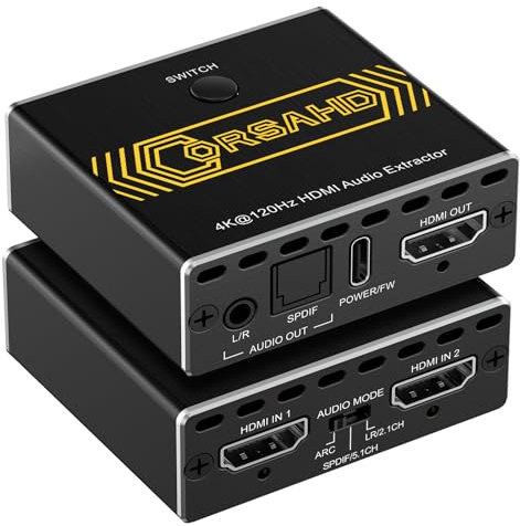CORSAHD 8K@60Hz 4K@120Hz HDMI2.1 Audio Extractor 2 in 1 Out Switch,48 Gbps,HDCP 2.3, SPDIF 5.1Ch,L/R 2.1Ch,Supports,ARC TV Apps,VRR,ALLM,HDCP Bypass,HDR,Dolby Vision Atmos,Soundbar,Graphics Card