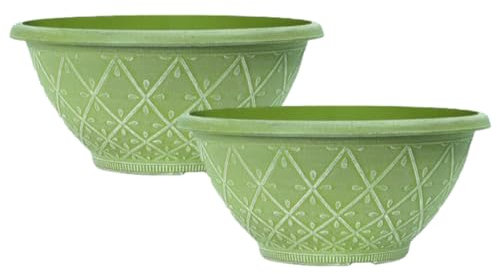 Fyne-Finds Set of 2 Plastic Prisma Bowl Planter 30cm,12inch Powdered Moss Green 6L Plant Pot with Drainage Holes Home Garden Decor