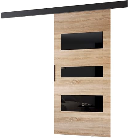 MINIO go for it - Schiebetüren 76 cm, Schiebetür Zimmertür PRIM C, Schiebetürsystem für Zimmer, Dekorative Elemente, Wandmontage, Türe Innen - Schwarz/Schwarzer Griff, Sonoma Eiche/Schwarz