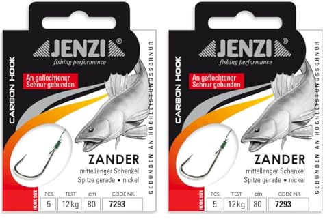 Set 2 Packungen JENZI gebundene Zanderhaken (10 Stück) an geflochtener Schnur, 80cm Zander Vorfach montiert Hakengröße, 1, 1/0, 2, oder 4 + gratis Petri Heill! Aufkleber