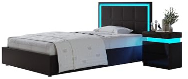 Bed Frame with Storage 3FT Single Ottoman Gas Lift Storage Bed Frame，Black | Faux Leather Bed, LED Single Size Bed for Bedroom Home