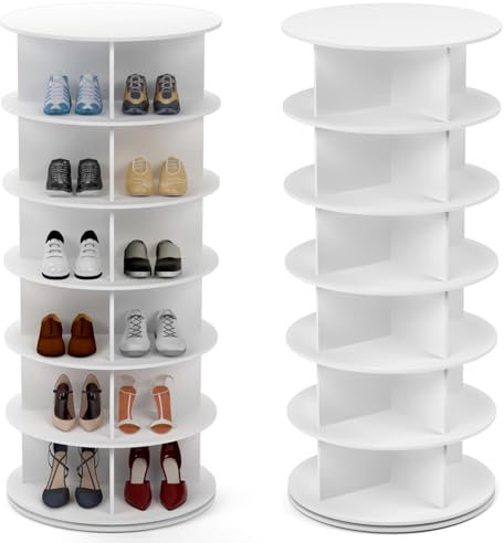 PTUWODS Drehbares schuhschrank, drehbares 360-Grad-Schuhregal, Aufbewahrung, rundes Karussell, vertikale Handtasche, drehbar, Schuhschrank-Organisation (Weiß, 6 Etage)