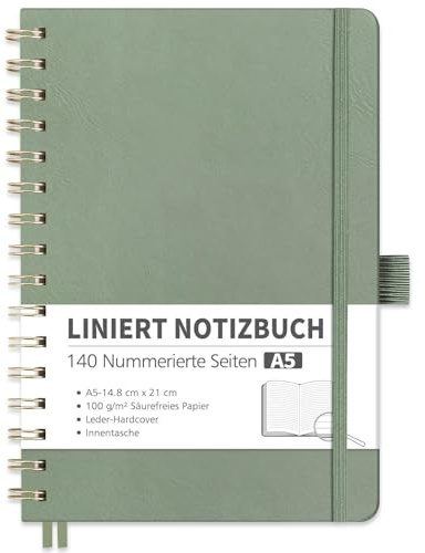 RETTACY Notizbuch A5 Dotted, Bullet Dot Journal mit 100 g/m² Dickem Papier, 70 Blatt, Notebook für Büro und Schule, Lederhülle, Hellgrün, 14.8 cm x 21 cm