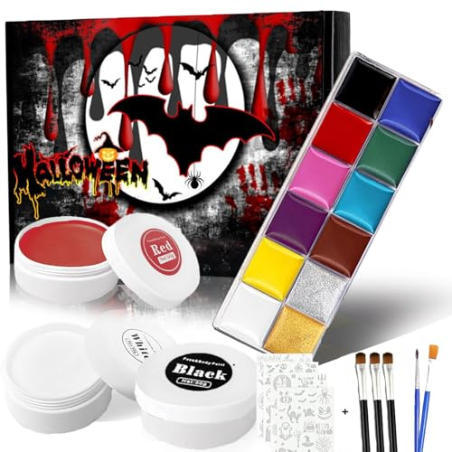 Ligtmor Halloween Schminke Set mit Schwarz Weiß Rot Bodypainting Farben/12 Farben Gesichtsfarbe/Halloween Aufkleben, Kinderschminke Halloween für Vampir Schminke Zombie Schminke, Faschingsschminke