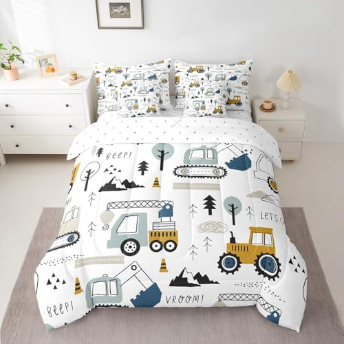 Feelyou Cartoon-Auto-Kinder-Bettwäsche-Set mit Bettlaken, 7-teilig, Queen-Size-Bett, Dekoration, Ausrüstung, LKWs, Bett in einer Tasche, Bagger, Traktor, Weiß / Gelb