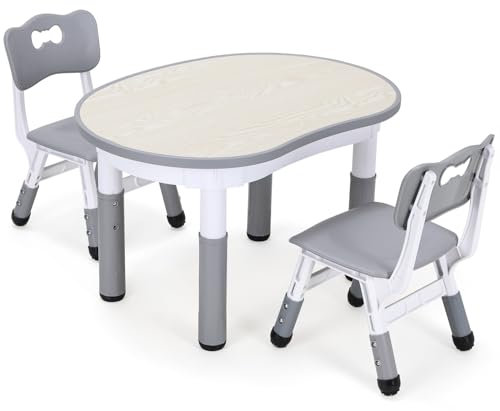 Clevich Kindertisch mit 2 Stühlen, Kinder Tisch Stuhl Set Höhenverstellbar, Multifunktionaler Kindersitzgruppe, Maltisch für Klassenzimmer Kindergärten Kindertisch und Stuhlset für Essen Spielen Grau