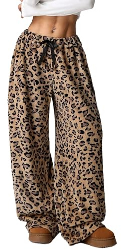 Leopard Pants Women Therian Fuzzy Pajama Pants Y2k Cheetah Pants Grunge High Waisted Fluffy Pants, Brown, S
