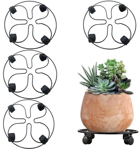 HEYOUTH Porte Plante a roulettes Ø27cm,Supports de Pots de Fleurs en métal,Plateau Roulant Capacité De 60 KG, Chariot de rempotage Mobile, pour extérieur, terrasse, intérieur et (6, Noir)