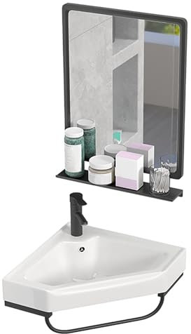 Eckwaschbecken, Badezimmer-Waschtisch mit Waschbecken, Eckwaschbecken mit Wasserhahnloch und Überlauf, Keramikspüle für Badezimmer, Balkon, Gästezimmer, kleines Zimmer (38 x 38 cm)